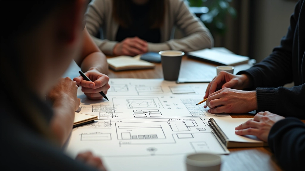 ConvertFlow Asia team collaborating on landing page design projects with design sketches, wireframes, and creative materials on desk