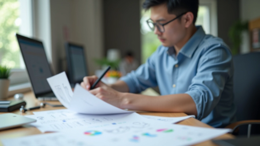 Designer reviewing layout structure and wireframe sketches on desk with notes and annotations