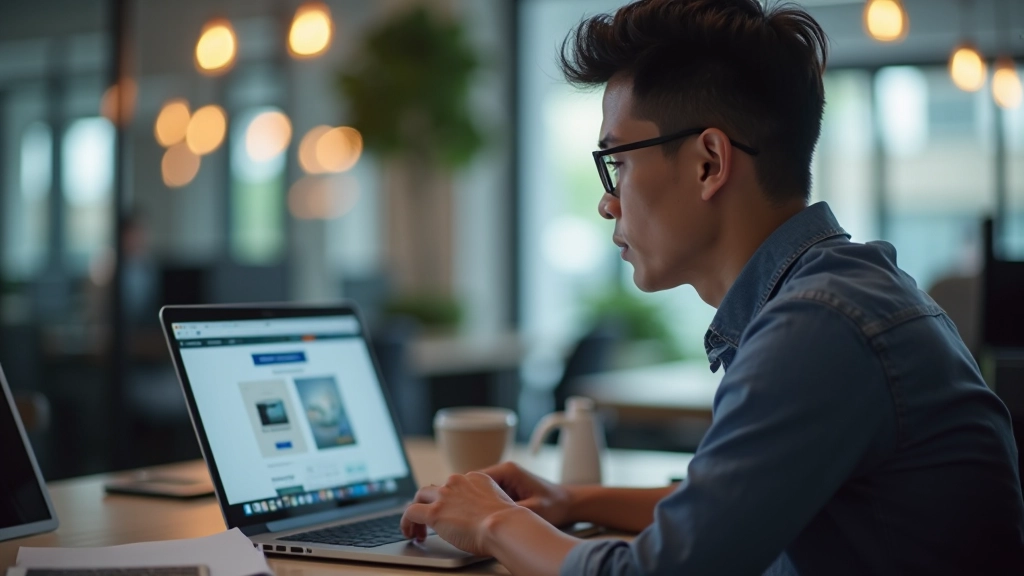 Designer working on laptop showing landing page layout with visual hierarchy and content flow diagram