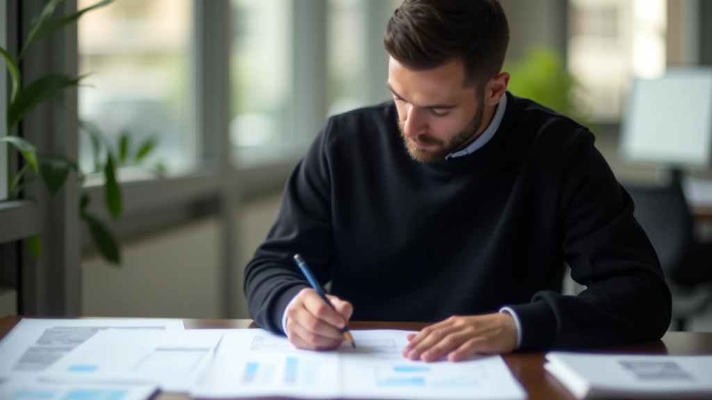 Designer reviewing multiple landing page layouts with different CTA button positions marked on paper mockups